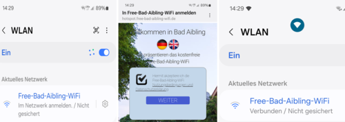 Drei Bildschirmansichten eines Smartphones zeigen den Prozess der Verbindung mit einem öffentlichen WLAN-Netzwerk namens "Free-Bad-Aibling-WiFi".