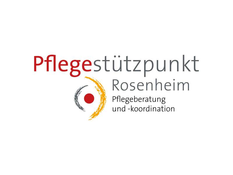 Das Bild zeigt das Logo des Pflegestützpunktes Rosenheim mit einem stilisierten Kreis in den Farben Grau, Rot und Orange und dem Schriftzug "Pflegeberatung und -koordination".