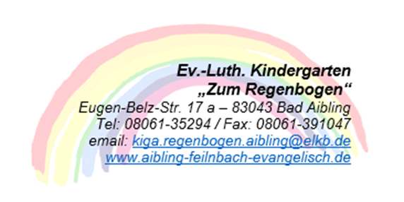 Das Bild zeigt die Kontaktinformationen des Evangelisch-Lutherischen Kindergartens "Zum Regenbogen" in Bad Aibling mit einer farbigen Regenbogenzeichnung im Hintergrund.