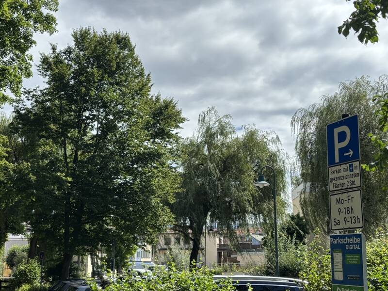 Ein sonniger Parkplatz im Freien mit parkenden Autos, umgeben von hohen Bäumen und einem Verkehrsschild.